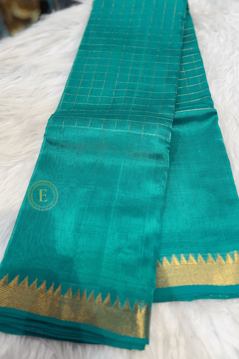 Pure Mangalagiri teal green handloom saree with golden zari checks and traditional gold zari border