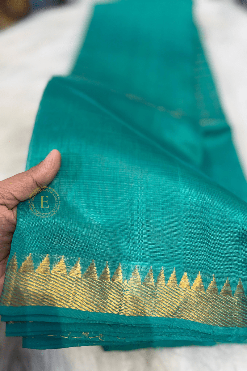 Pure Mangalagiri teal green handloom saree with golden zari checks and traditional gold zari border